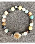 NJ Sand Beaded Gemstone Bracelet - Square Charm - Flower Amazonite