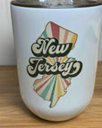 12 oz insulated wine glass with plastic lid and New Jersey design.