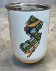 12 oz insulated wine glass with plastic lid and New Jersey design.
