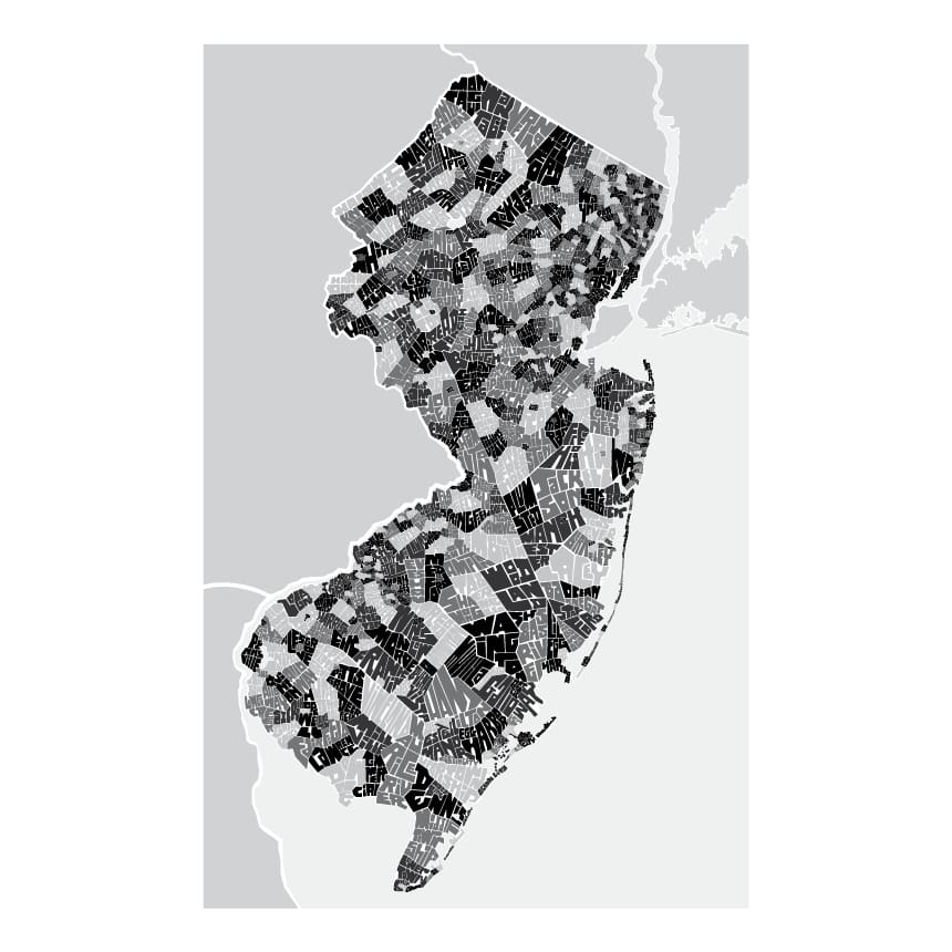 NJ Town Type Map giclee print unframed - 18x24 / Greys - Prints &amp; Artwork