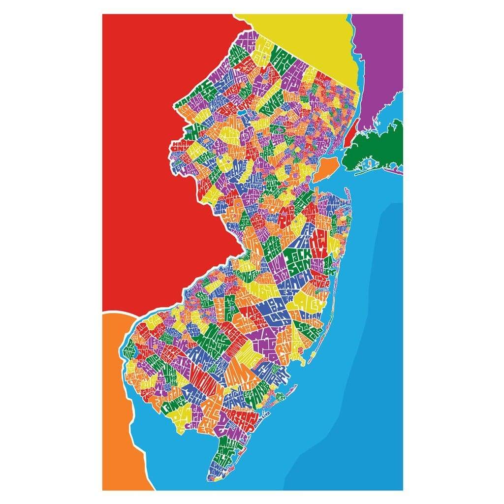 NJ Town Type Map giclee print unframed - 18x24 / Rainbow - Prints &amp; Artwork