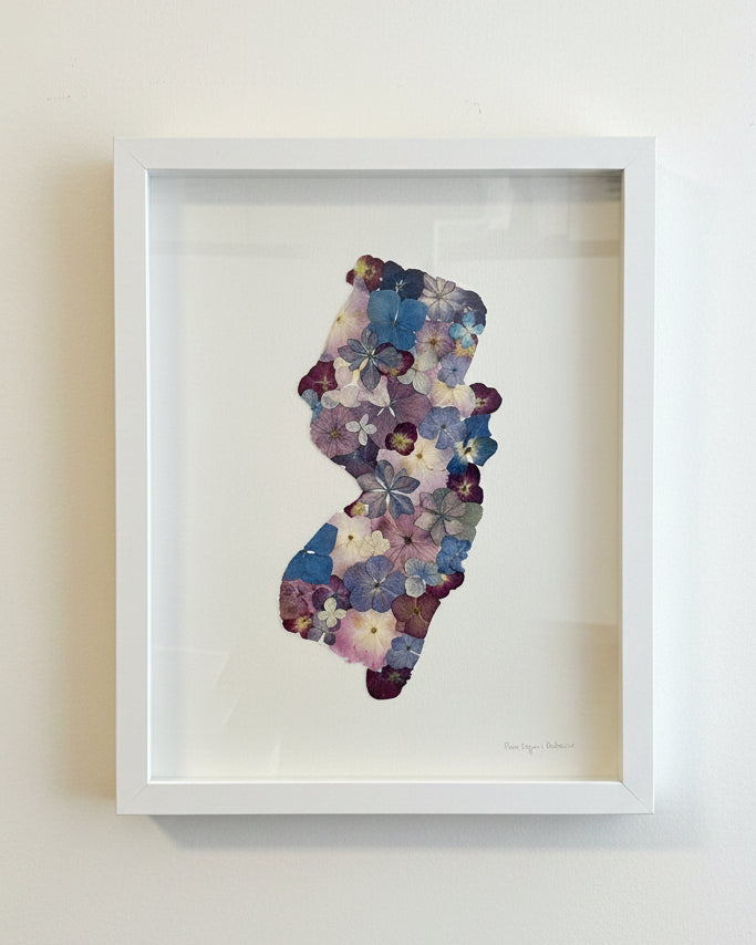 Framed Original 12" x 15" Artwork - NJ Map with Hydrangeas