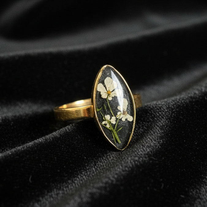 Queen Anne's Lace and Black Marquise Ring