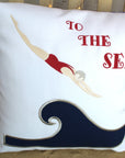 Embroidered "To the Sea" 16" square pillow