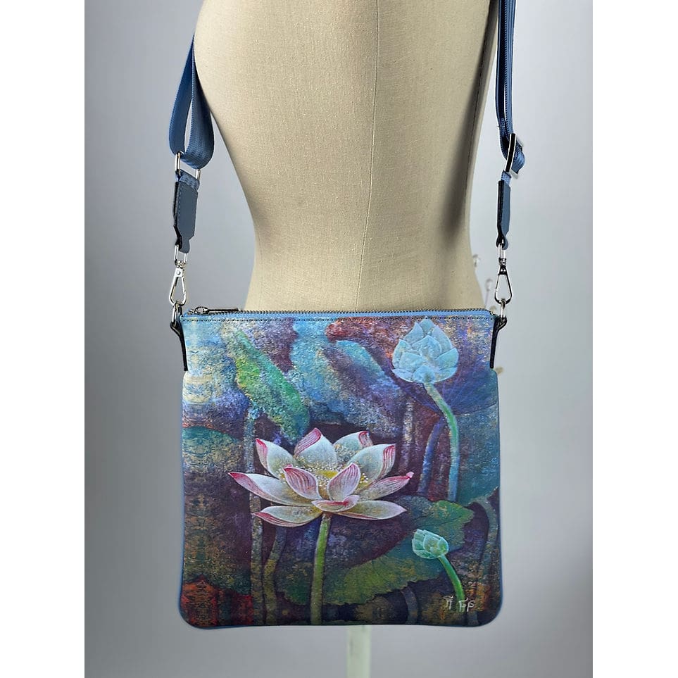 Artwork Cross Body Bags - Lotus Flower w/ Light Blue Back