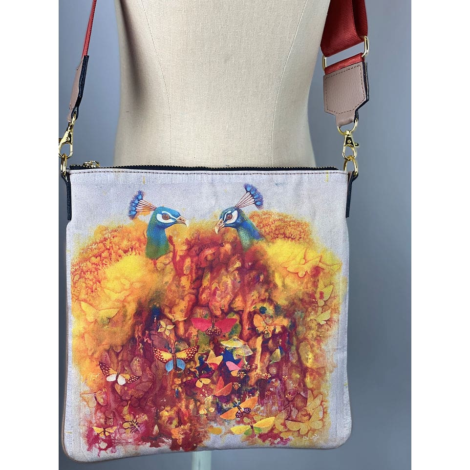 Artwork Cross Body Bags - Peacocks w/ Tan Back