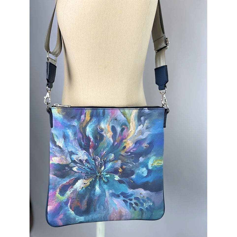 Artwork Cross Body Bags - Watercolor Flower w/ Navy Blue Back