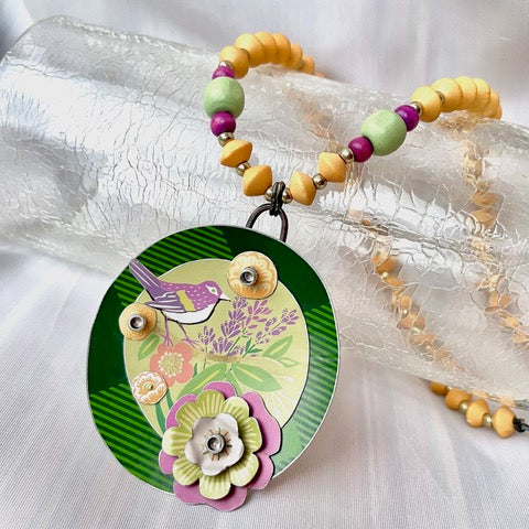 Purple Bird Recycled Tin 3-D Necklace
