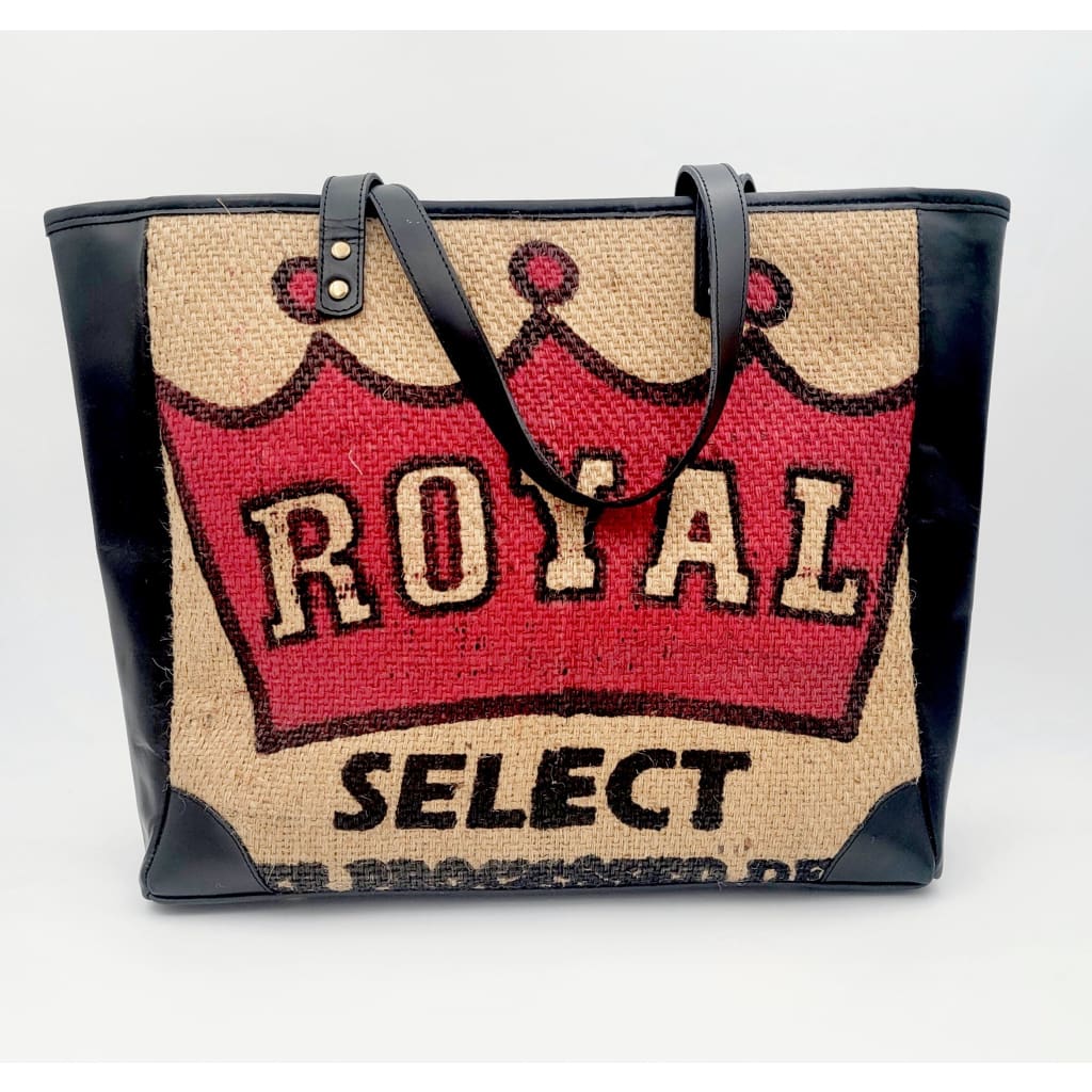 Burlap Tote Bags - Black Leather