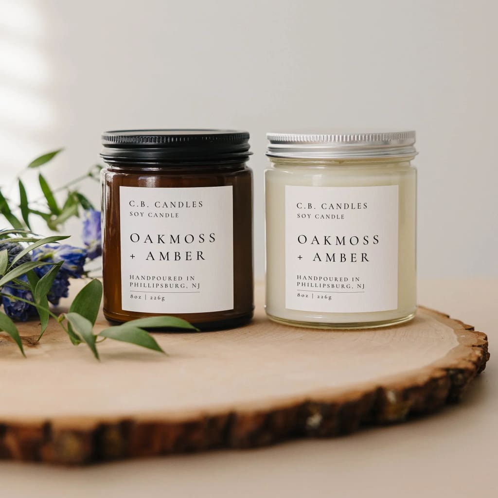 CB Candles - 8 oz Soy Candles Clear Jar - Oakmoss + Amber - Candles
