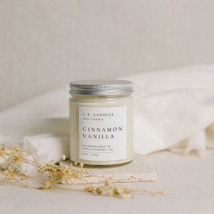 Cinnamon Vanilla: CB Candles 8 oz Soy Candle – Cinnamon Vanilla Scent, Clear Jar | Just Jersey