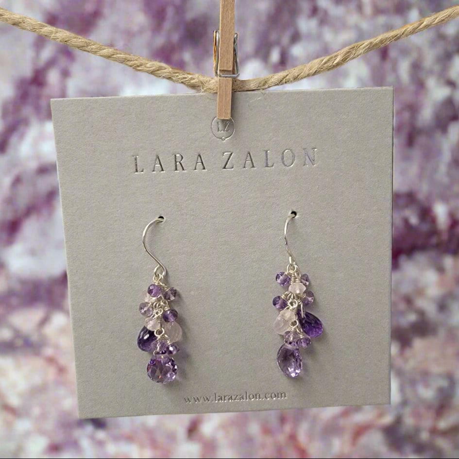 Earrings - Cluster Drops - Sterling Silver - Amethyst Rose Quartz