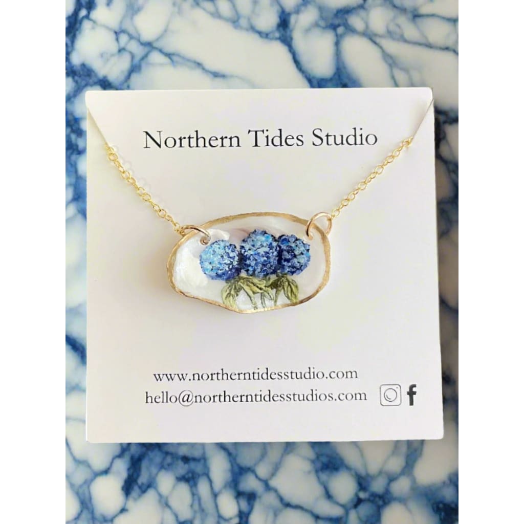 Hand-Painted Coastal Hydrangea Oyster Necklaces - Jewelry