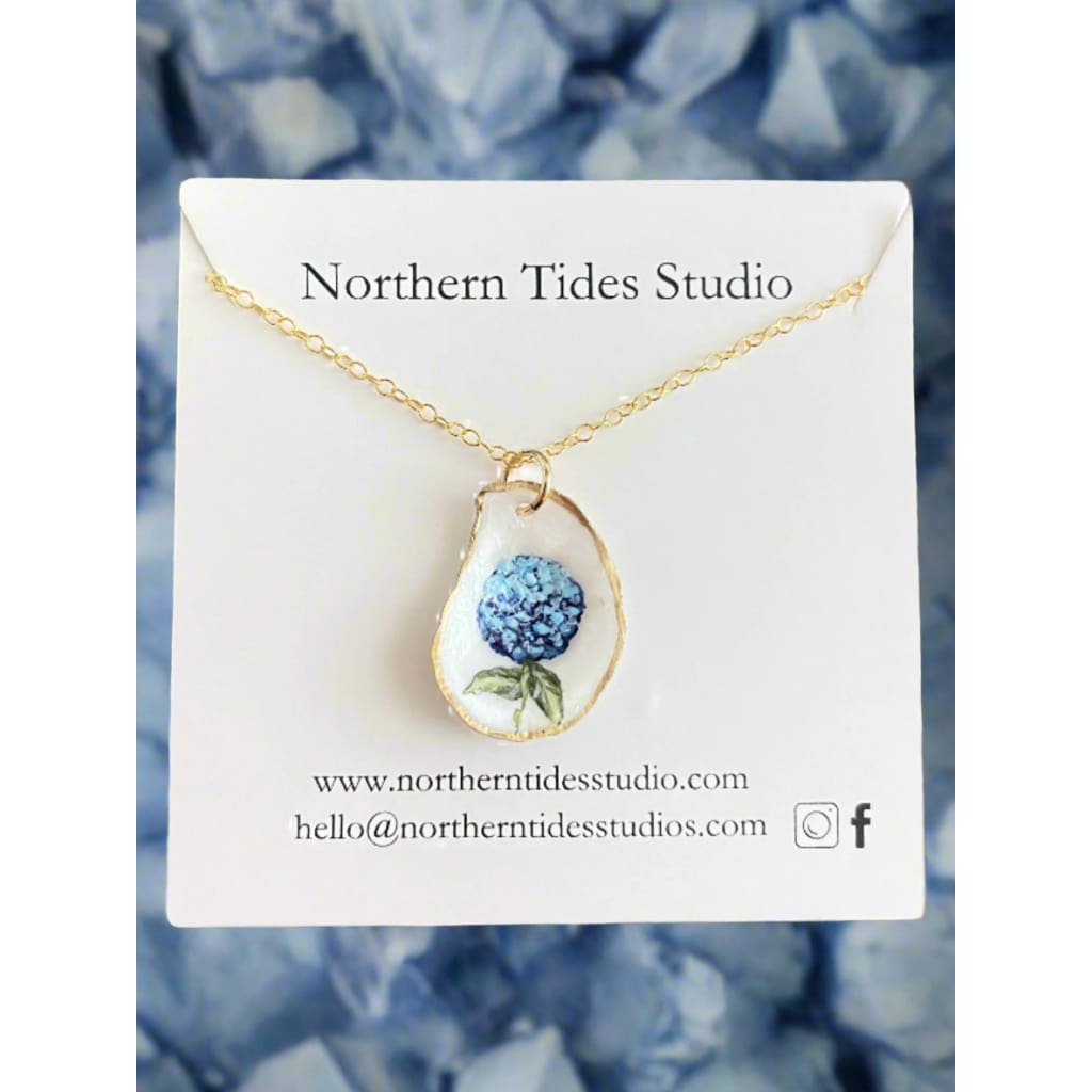 Hand-Painted Coastal Hydrangea Oyster Necklaces - Jewelry