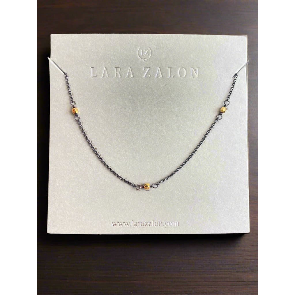 Necklace - Fine Cable Chain - Oxidized Sterling Silver with Gold Fire-Polished Beads