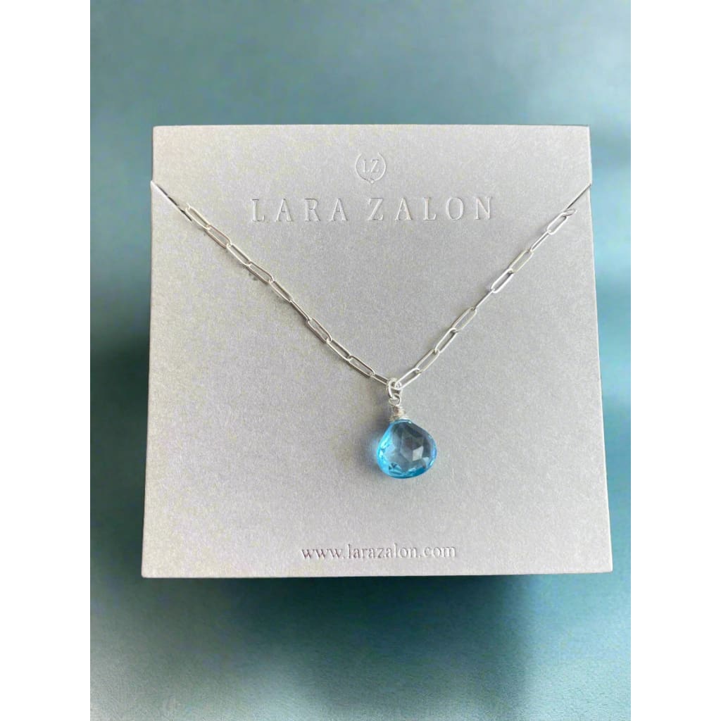 Necklace - Single Stone Pendant Drop - Sterling Silver - Blue Topaz Heart on Paperclip Chain