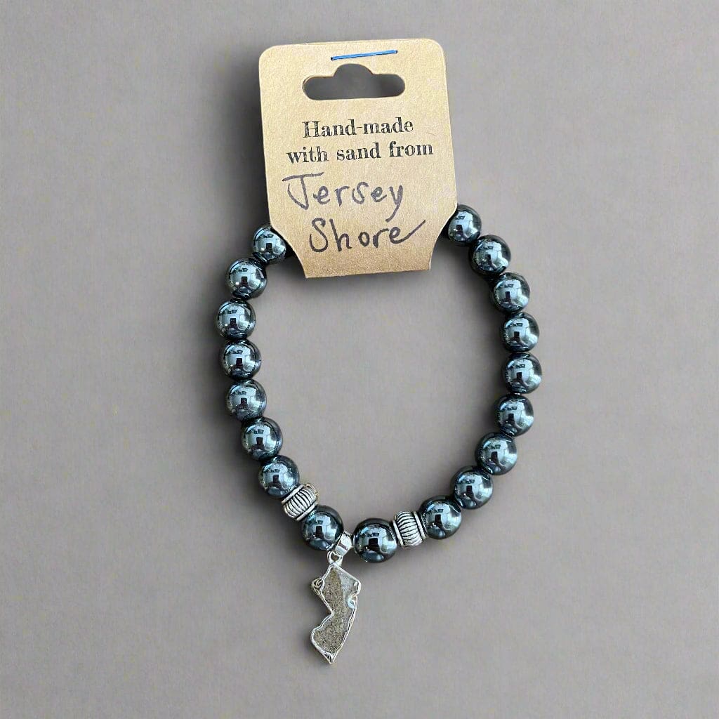 NJ Sand Beaded Gemstone Bracelet - NJ Charm - Hematite