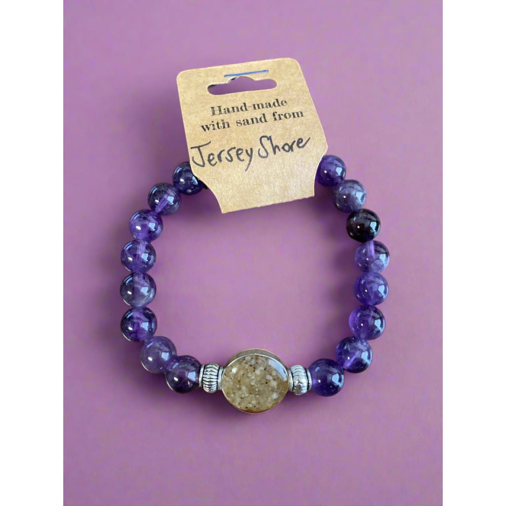 NJ Sand Beaded Gemstone Bracelet - Round Charm - Amethyst - Jewelry & Accessories