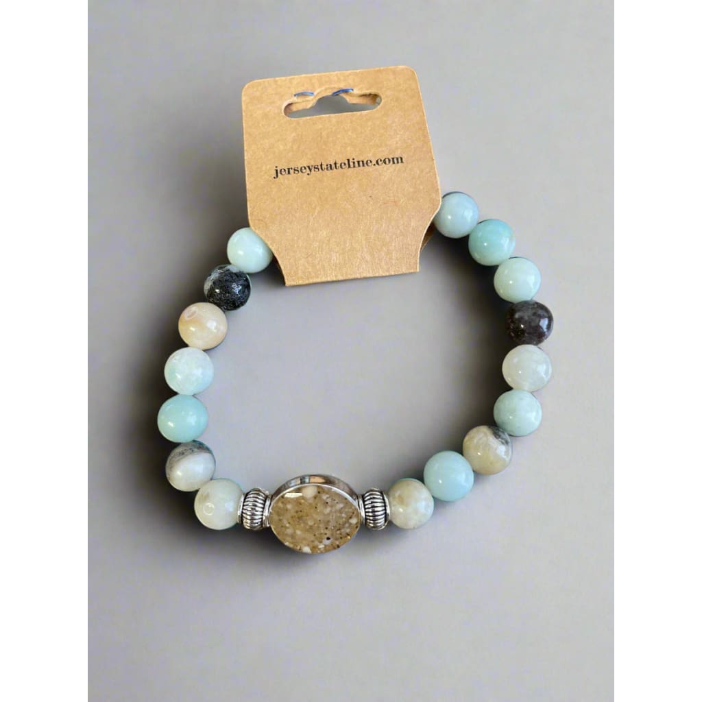 NJ Sand Beaded Gemstone Bracelet - Round Charm - Flower Amazonite - Jewelry & Accessories