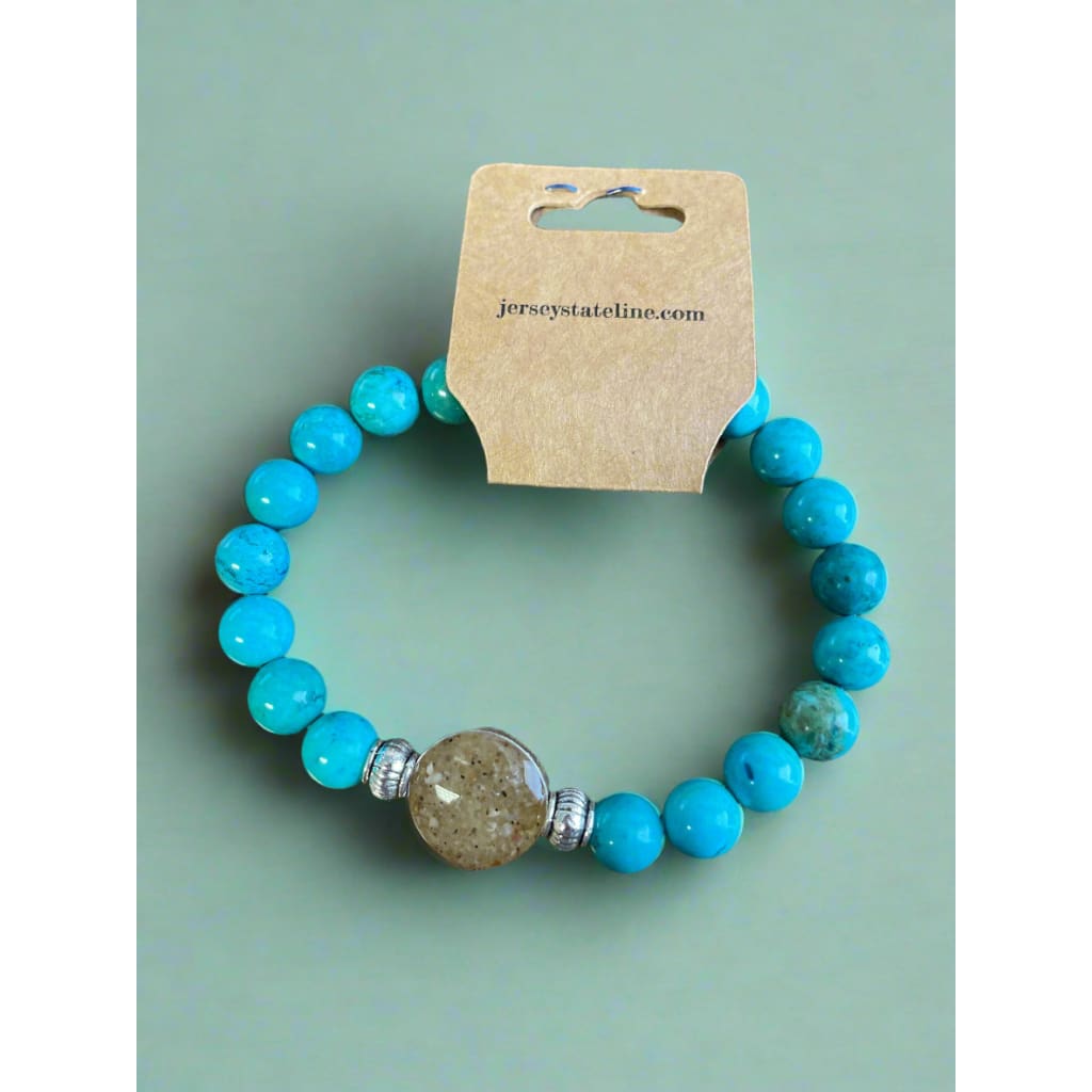 NJ Sand Beaded Gemstone Bracelet - Round Charm - Turquoise Magnesite - Jewelry & Accessories