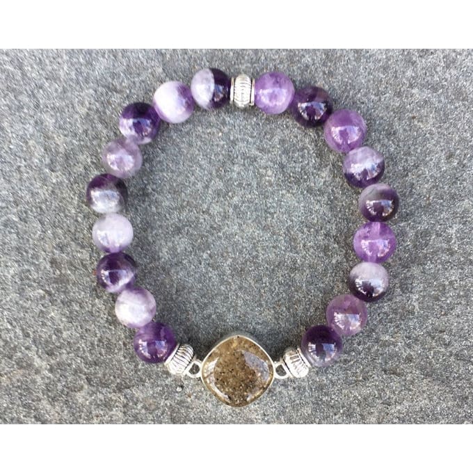 NJ Sand Beaded Gemstone Bracelet - Square Charm - Amethyst