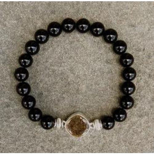 NJ Sand Beaded Gemstone Bracelet - Square Charm - Black Onyx