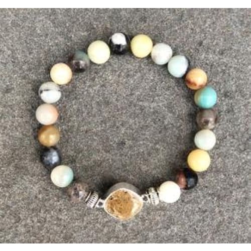 NJ Sand Beaded Gemstone Bracelet - Square Charm - Flower Amazonite