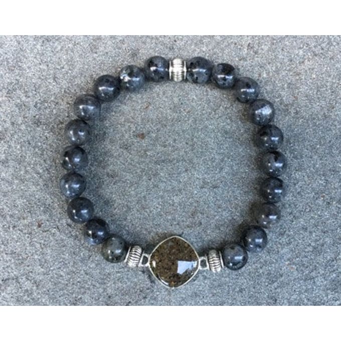 NJ Sand Beaded Gemstone Bracelet - Square Charm - Labradorite