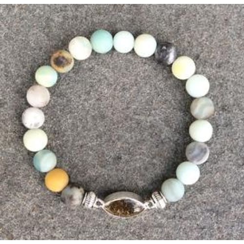 NJ Sand Beaded Gemstone Bracelet - Square Charm - Matte Flower Amazonite