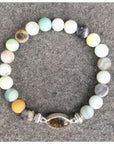 NJ Sand Beaded Gemstone Bracelet - Square Charm - Matte Flower Amazonite