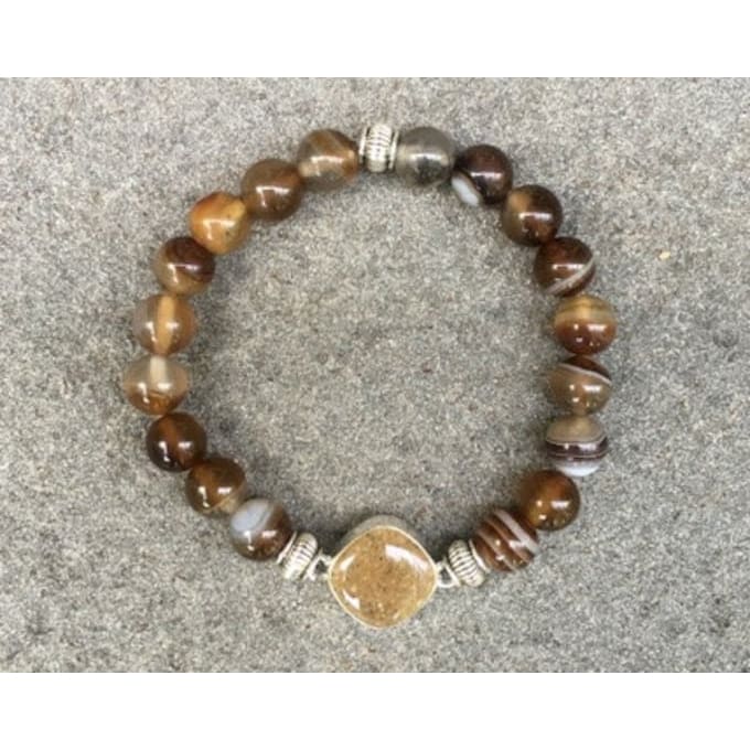 NJ Sand Beaded Gemstone Bracelet - Square Charm - Sardonyx