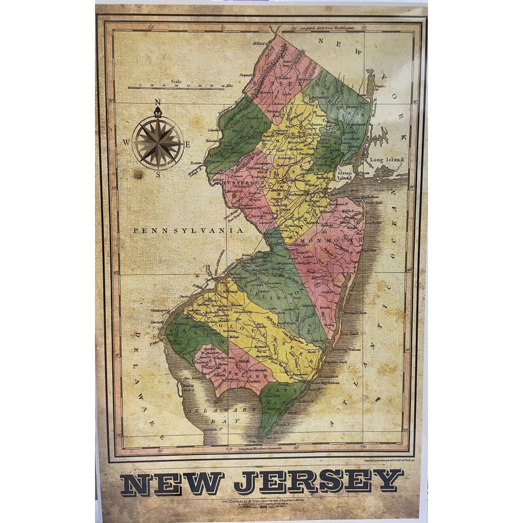 NJ Themed Digital Prints 11’’ x 17’’ Unframed - 1880 Vintage NJ Map - Prints &amp; Artwork