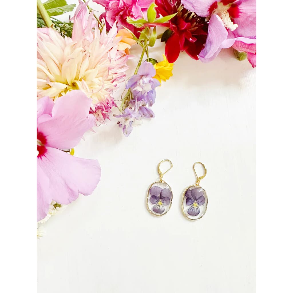 Pansy Earrings in Gold Frame - Jewelry