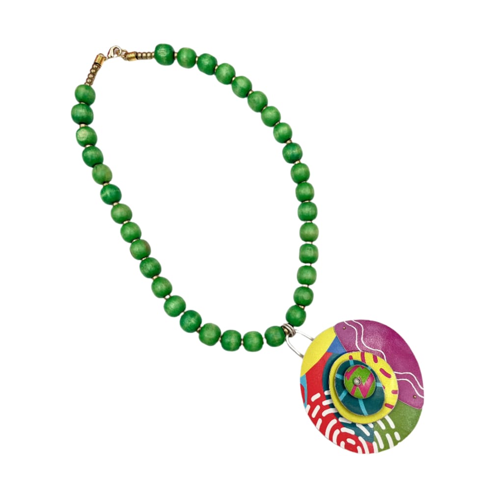 Recycled Tin Necklace with Wooden Beads - Jewelry