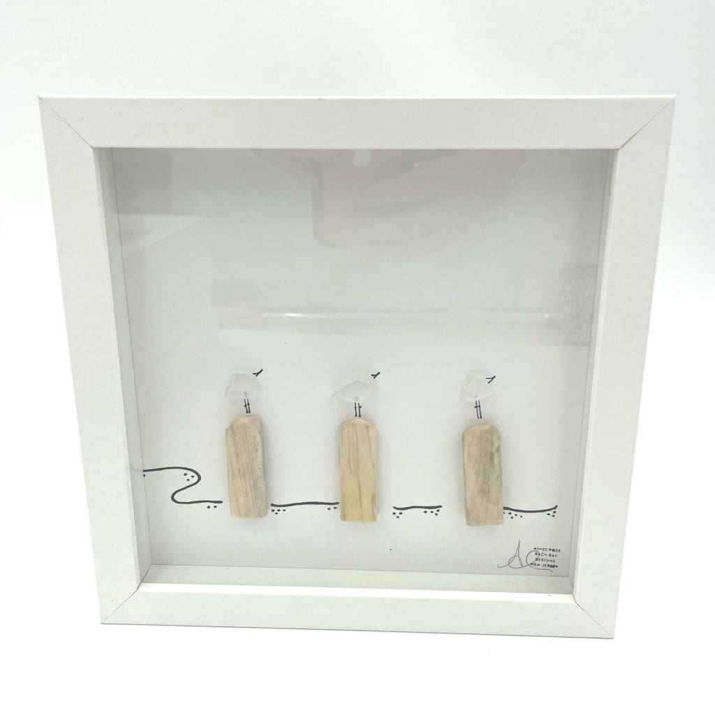 Sea Glass Art - Animal Themed - 3 Seagulls on Pilings - Housewares