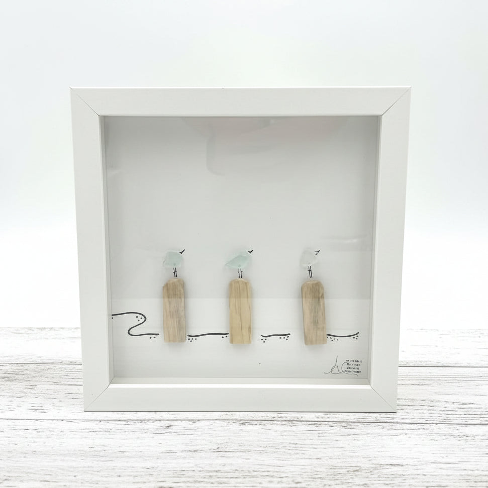 Sea Glass Art - Animal Themed - 3 Seagulls on Pilings - Housewares