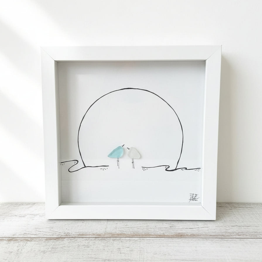 Sea Glass Art - Animal Themed - Two Birds w/ Moon - Housewares