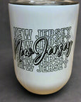 12 oz insulated wine glass with plastic lid and New Jersey design.