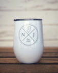 12 oz insulated wine glass with plastic lid and New Jersey design.