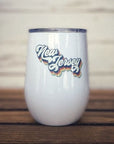 12 oz insulated wine glass with plastic lid and New Jersey design.