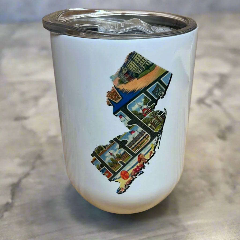12 oz insulated wine glass with plastic lid and New Jersey design.