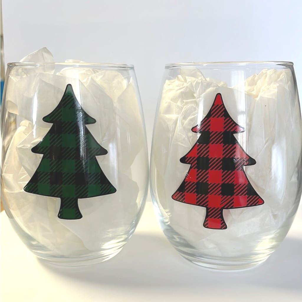 Stemless wine - Christmas - Green Plaid Tree