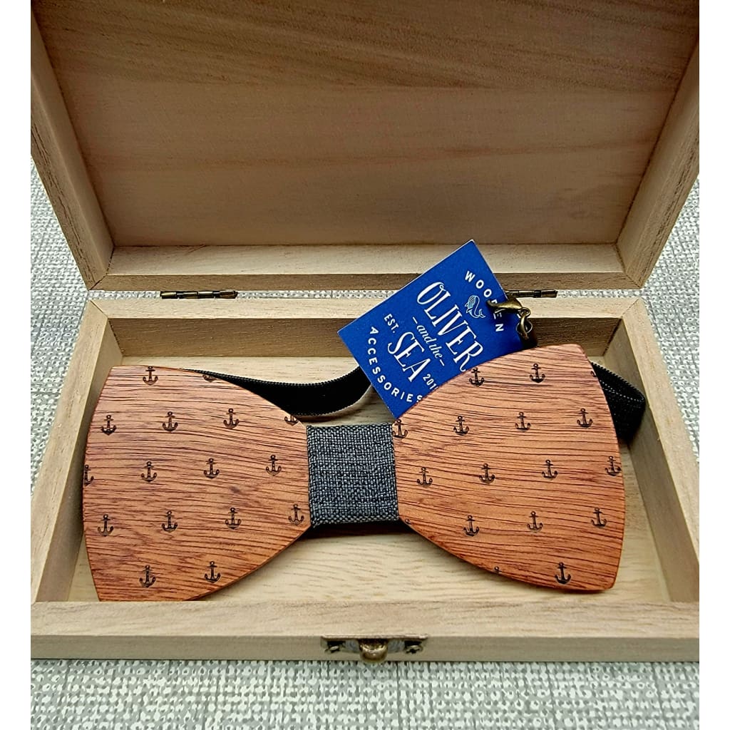 Wooden Bow Tie - Anchor Print Wood / Dark Gray - Apparel & Accessories