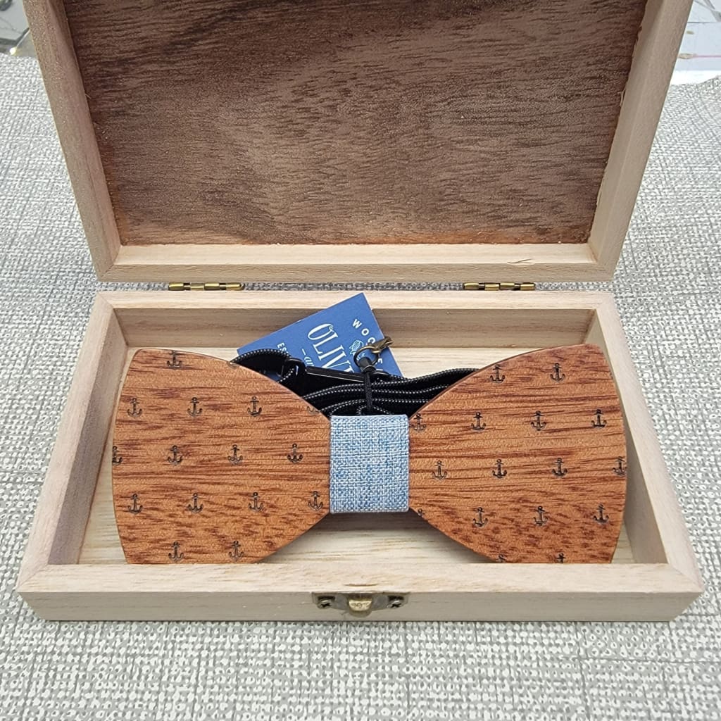 Wooden Bow Tie - Anchor Print Wood / Light Blue - Apparel & Accessories