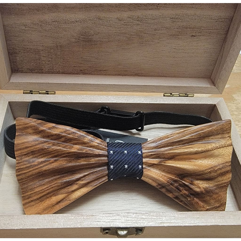 Wooden Bow Tie - Gathered Wood / Navy Dots - Apparel &amp; Accessories