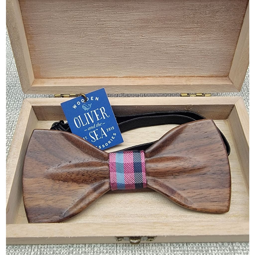 Wooden Bow Tie - Gathered Wood / Pink Plaid - Apparel &amp; Accessories
