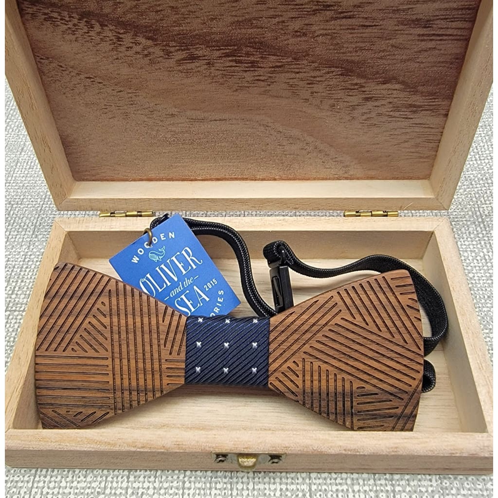 Wooden Bow Tie - Hatched Wood / Navy Stars - Apparel & Accessories