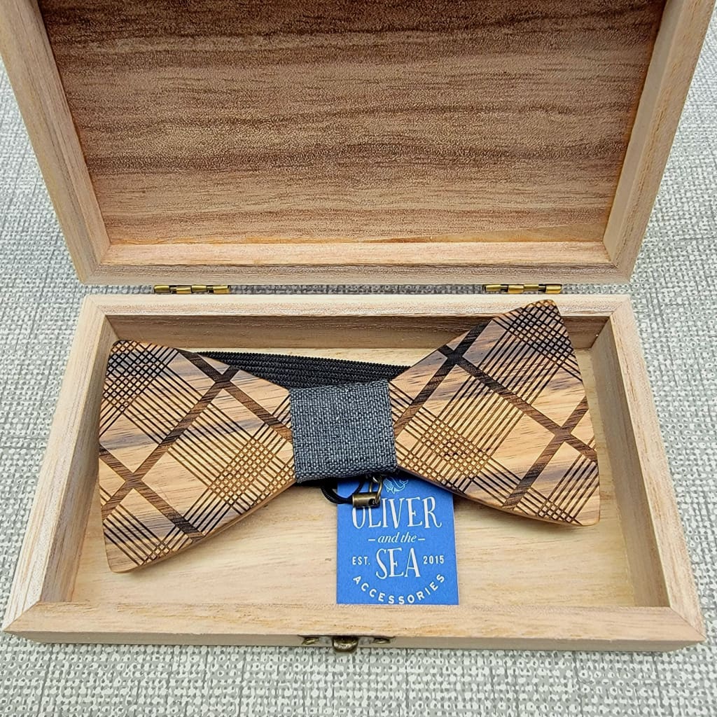 Wooden Bow Tie - Plaid Wood / Dark Gray - Apparel & Accessories