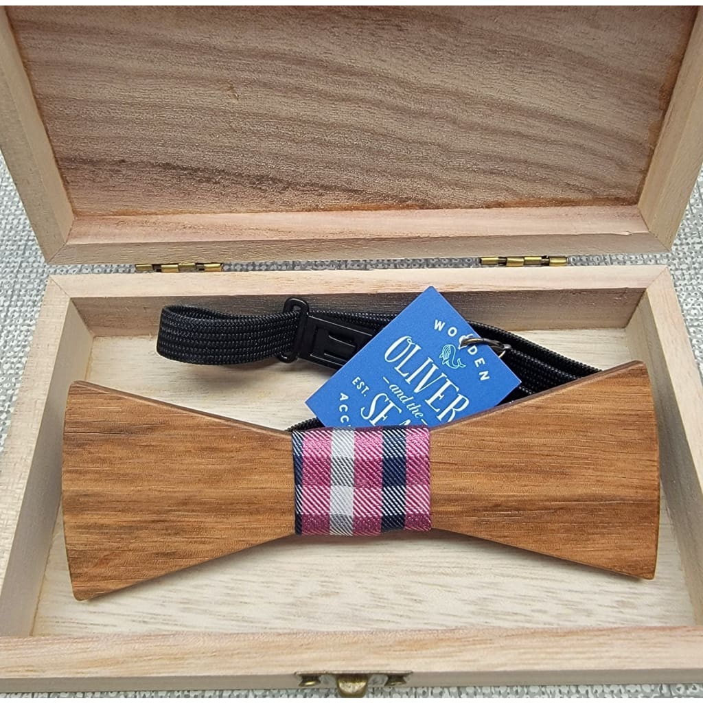 Wooden Bow Tie - Plain Wood / Pink Plaid - Apparel &amp; Accessories