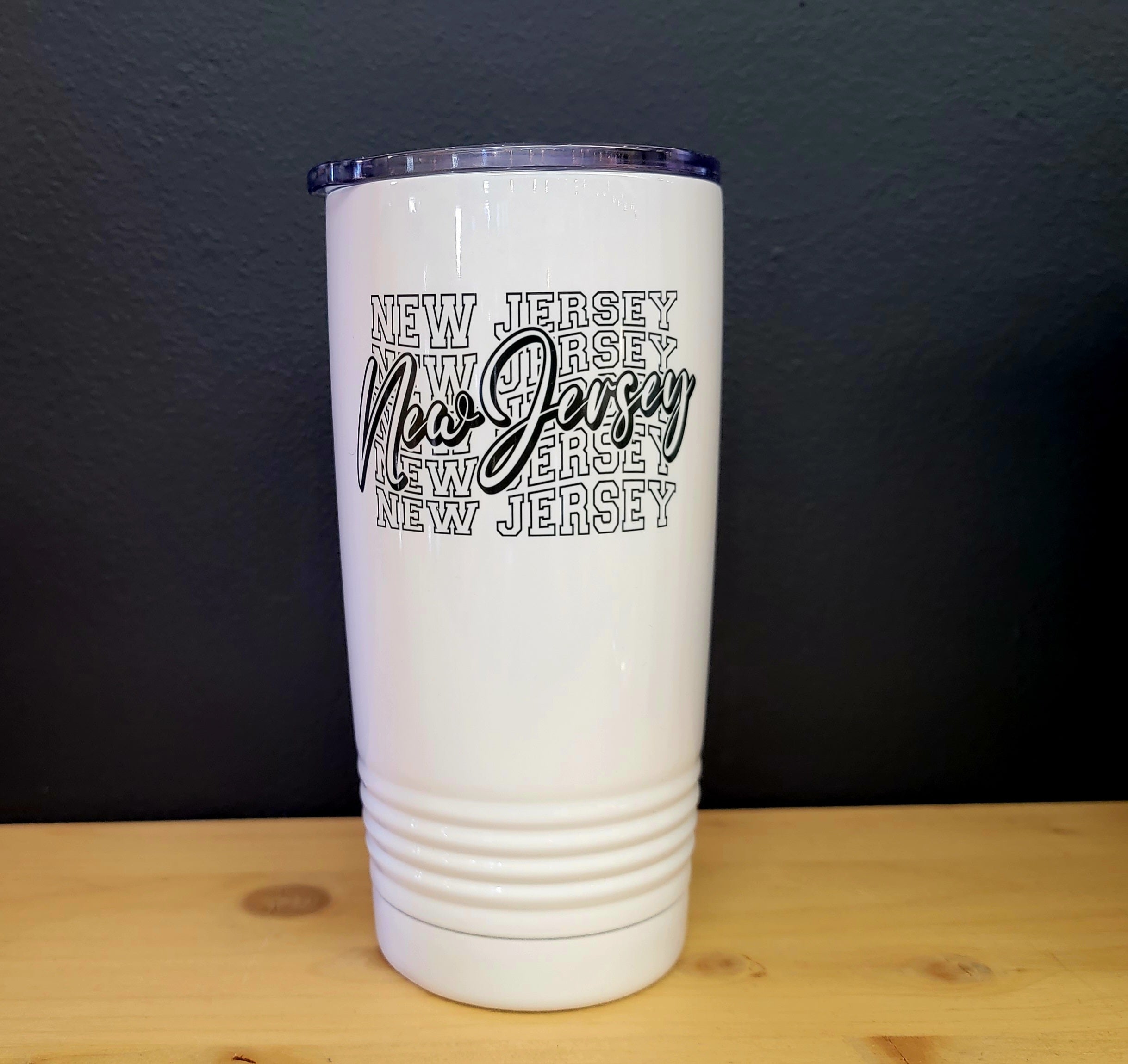 20 oz insulated cup for hot or cold beverages with NJ theme.